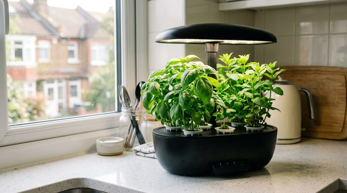 A compact countertop smart garden growing basil and mint under a hooded LED light
