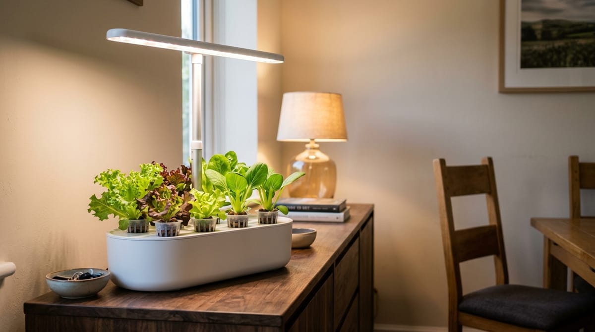 A countertop hydroponic growing system raising lettuce and pak choi under an adjustable LED bar