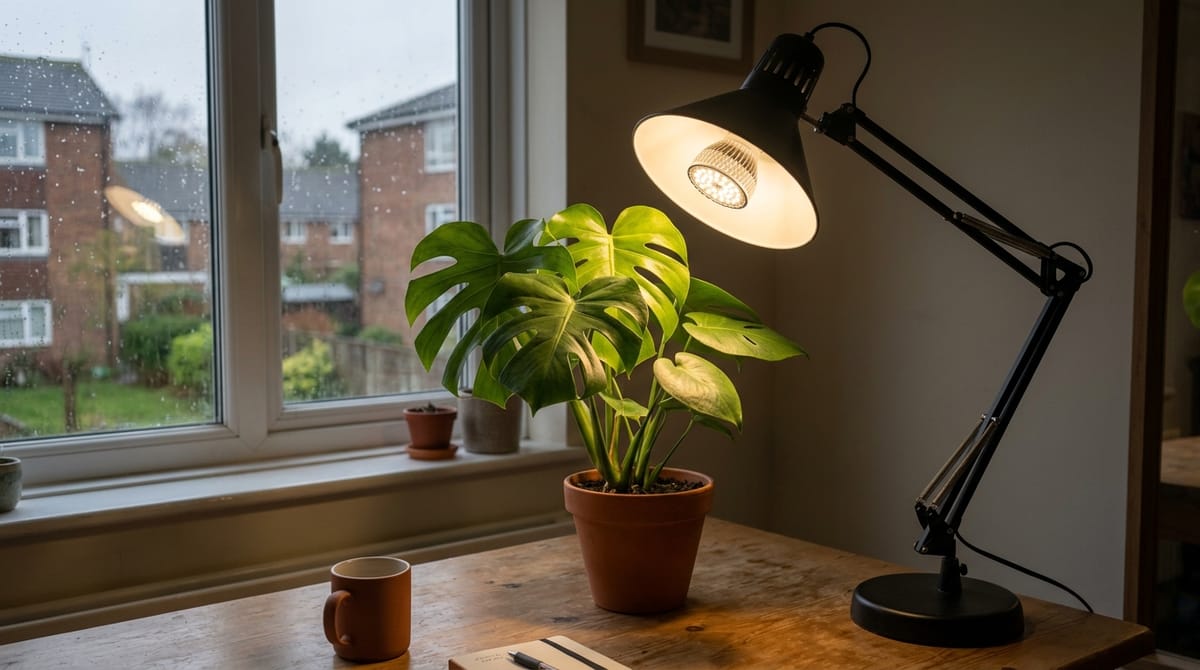 A full-spectrum grow light bulb in an angled desk lamp shining over a potted monstera