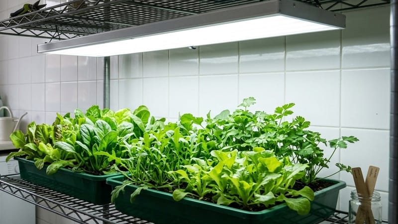 A slim LED grow light panel mounted under a shelf above trays of salad leaves