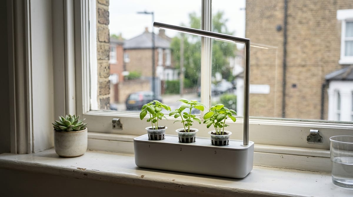 A slim three-pod countertop smart garden with a single LED arm on a windowsill