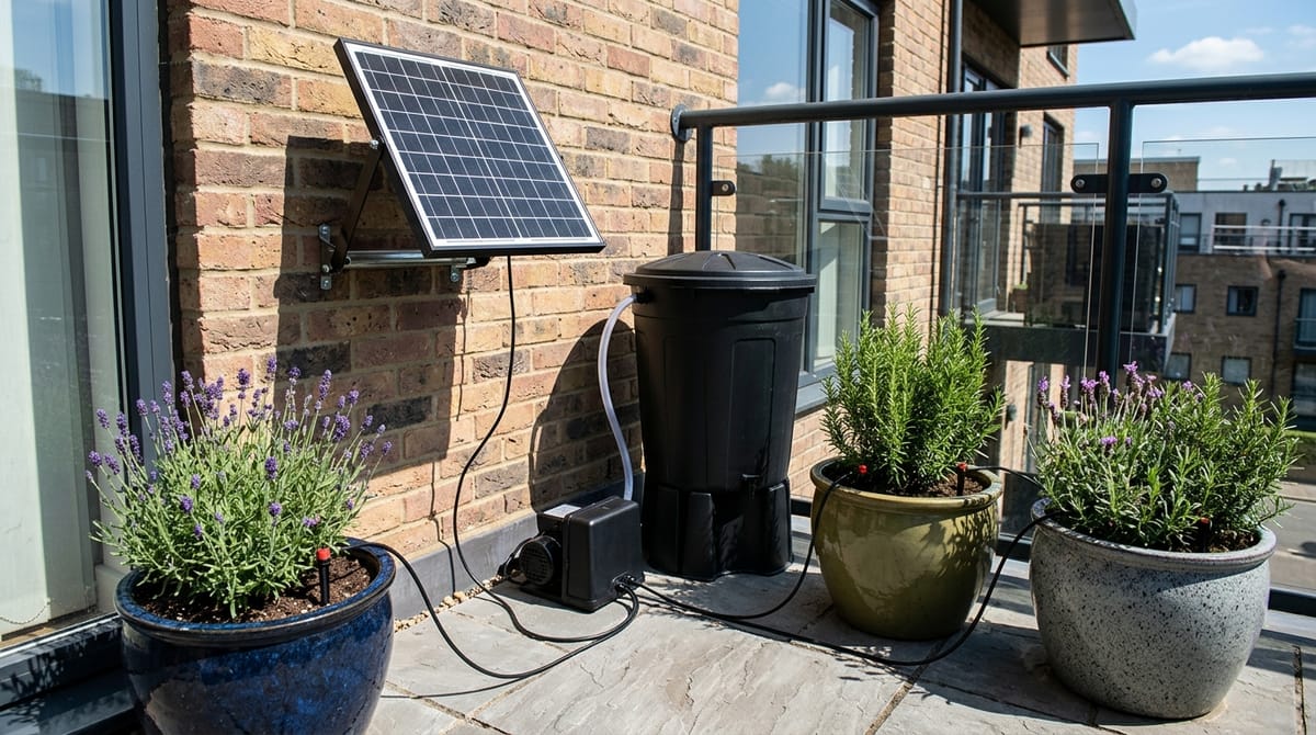 A solar panel and pump feeding drip irrigation lines to lavender and rosemary planters on a balcony