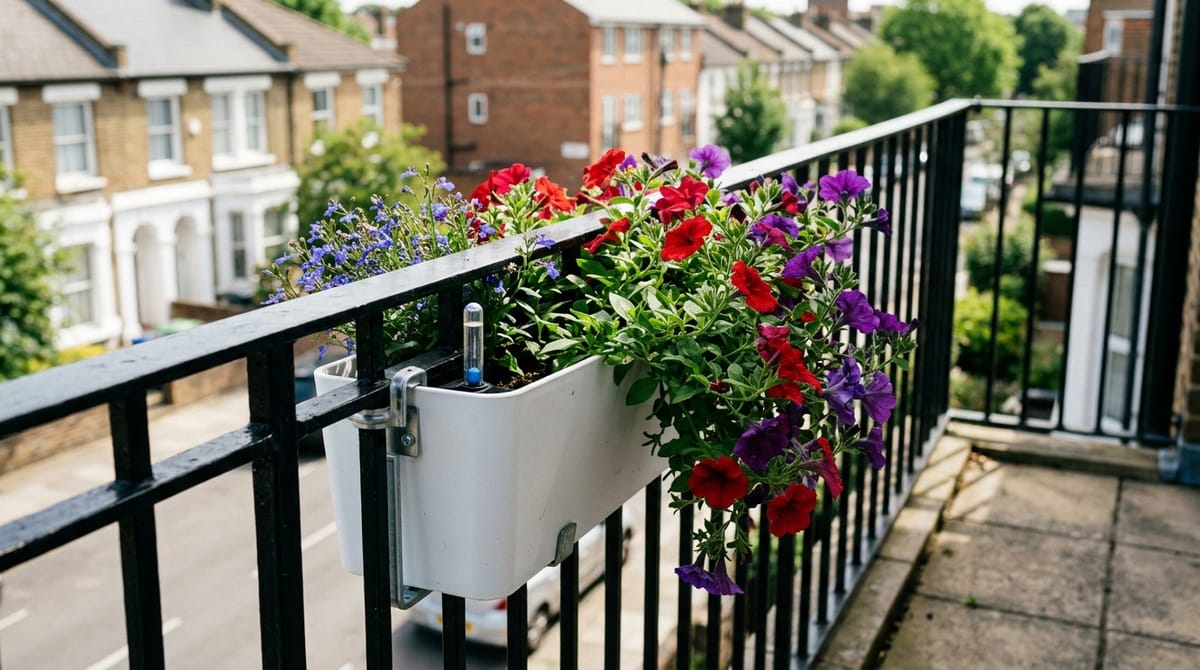 A white self-watering trough planter bracketed to a balcony railing and planted with petunias and lobelia