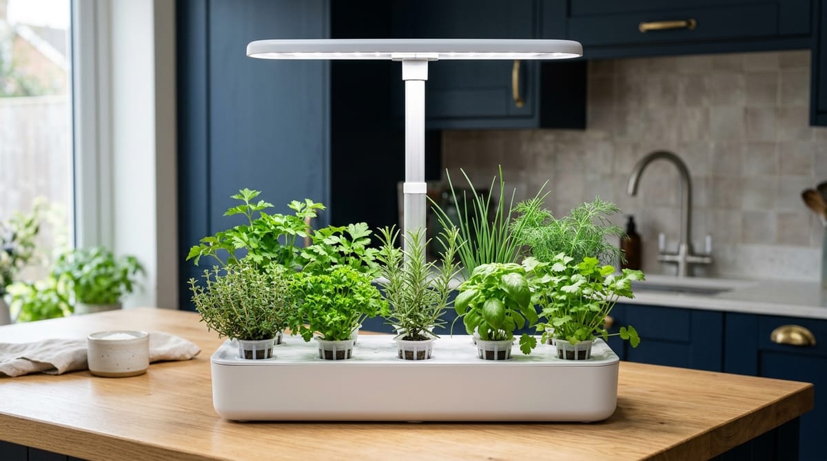 A wide countertop smart garden growing mixed herbs under a tall adjustable LED arm