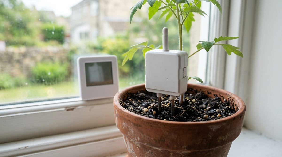 A wireless soil-moisture sensor probe pushed into the compost of a potted plant beside its display console