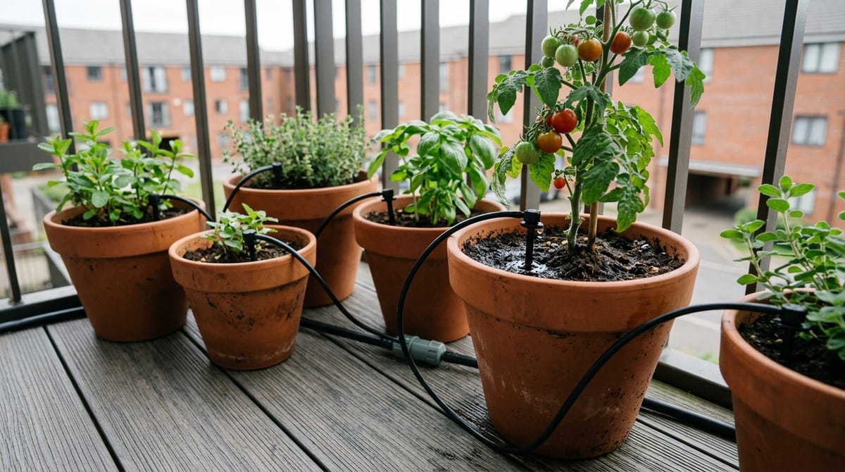 Thin micro-drip irrigation tubing running between terracotta pots on a balcony
